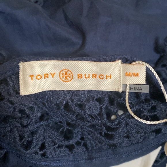 Tory Burch Navy Blue Crochet Lace Mini Dress, Cover Up, Long Sleeve, V-neck, Med - Picture 6 of 7